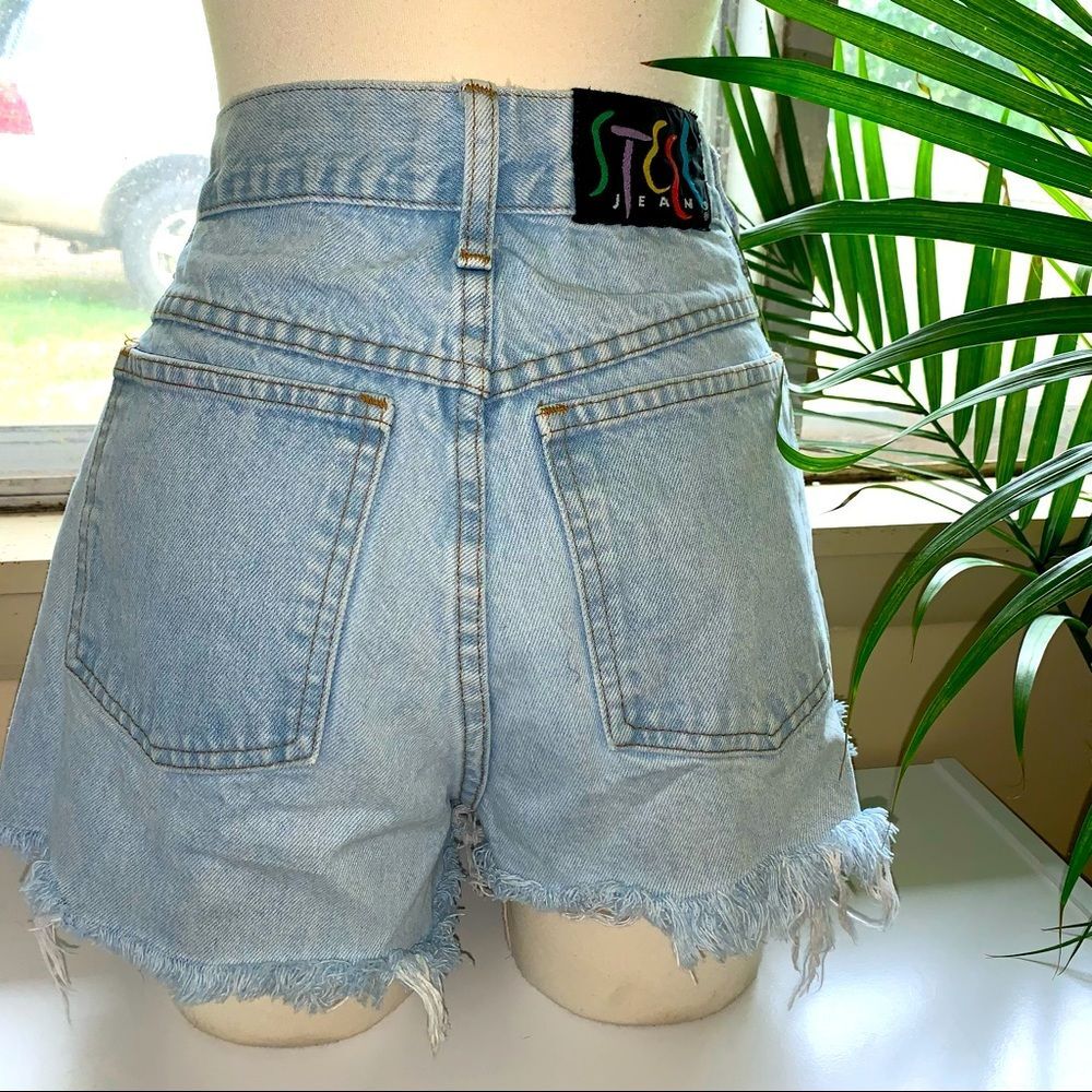 Vintage Lightwash Frayed Denim Asymmetrical Shorts Cool Colorful Logo!
